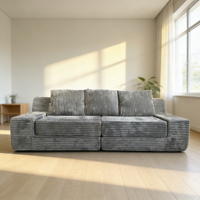 Canapé modulaire trois places gris clair à rayures verticales en velours, compressé et scellé sous vide, idéal pour le bureau et l'école