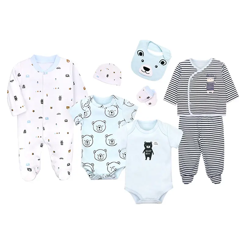 Комплект одежды для новорожденных из 8 предметов, топы + шапка + брюки + нагрудник + носок + комбинезон для маленьких мальчиков и девочек, хлопковая удобная одежда для младенцев