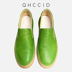 <b>Green</b> Genuine Leather Slip-On <b>Loafers</b> For <b>Men</b> Low Heel Breathable Casual Shoes Solid Color Sewing Thread Design - Product Image 3