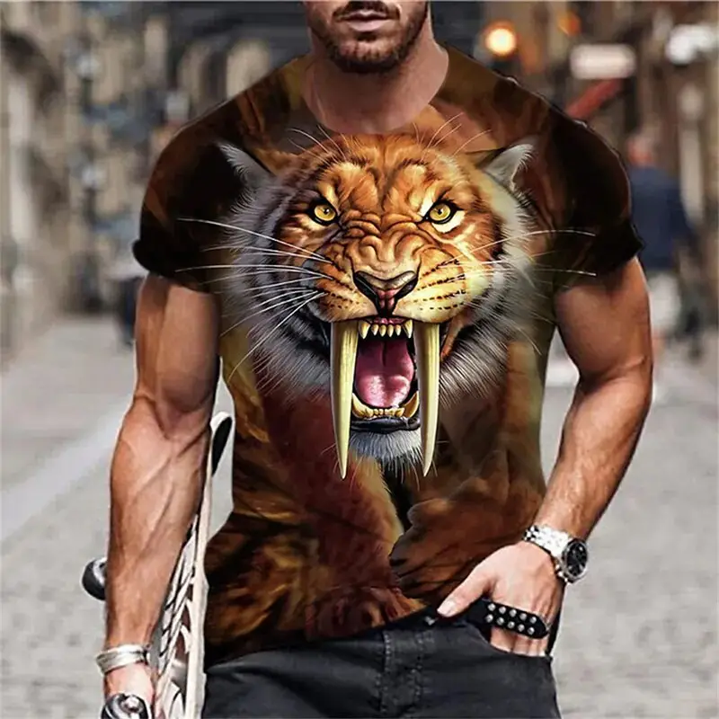 남자의 새로운 t-셔츠 봄과 여름 동물 패턴 t-셔츠 2D 인쇄 호랑이 말 야생 스타일 라운드 넥 셔츠 대형 탑