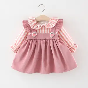 2019 गर्म बिक्री कोरियाई वसंत और शरद ऋतु बच्चा प्यारा शिशु बच्चे बच्चे स्ट्रॉबेरी फल प्लेड पैटर्न गोफन लड़की पोशाक