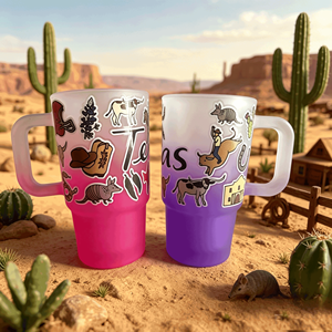 Vaso de Vidrio Esmerilado con Degradado y Asa, con Impresión de Adhesivo del Estado de Texas, Taza de Agua de Viaje, Souvenir Vaquero del Oeste - Product Image 3