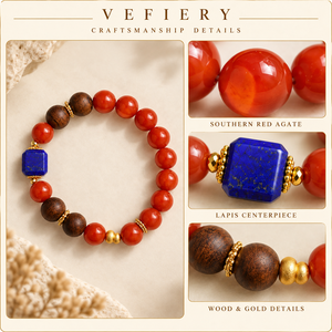 Red Agate and Wood Beaded <b>Bracelet</b> with <b>Blue</b> Square Gemstone Accent - Product Image 3