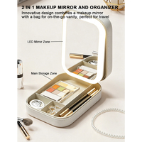 Portable 2 in 1 Mini Cosmetic Travel Organizer Case and Makeup Mirror 3 Color Modes Led Light Vanity Desk Mirrors for Women Gift