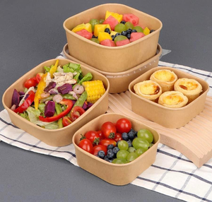 Bols et assiettes en papier kraft jetables Jianwei, de qualité alimentaire, étanches, anti-graisse, rectangulaires/carrés, avec couvercle, personnalisables, pour salades - Product Image 1