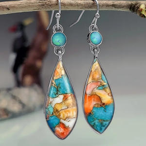 Orecchini Pendenti Stile Bohémien con Turchese, Placcati in Argento, a Goccia con Incastonatura a Castone, Gioielli alla Moda per Feste, in Lega - Product Image 5
