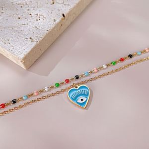 Devil Eye Blue Enamel Heart Non-Tarnish 18K <b>Gold</b> Plated Stainless Steel <b>Anklets</b> for Women Colorful Rainbow Chain Fashion Jewelry - Product Image 3