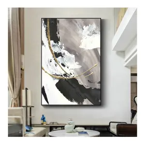 ArtUnion moderne noir et blanc avec feuille abstraite fait à la main toile Art peinture à l'huile pour la maison salon décor mural