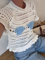 Top de Punto Estilo Sirena para Mujer, Verano 2026, Manga Corta, Transpirable, Cuello Redondo, Detalle de Concha 3D, Suéter con Detalles en Crochet