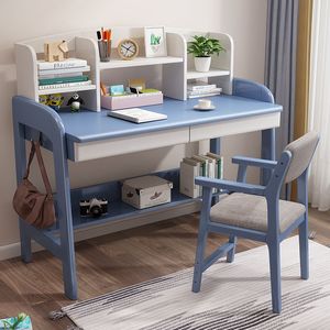 Childrens Solid Wood <b>Desk</b> Bookshelf Blue White Height Adjustable <b>Study</b> Computer <b>Desk</b> For Primary Middle School Students - Product Image 1
