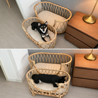 Lit pour animaux de compagnie en rotin tressé avec coussin, style tissé, pour petits chiens, nid pour chat avec oreiller