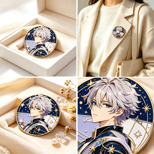 Pin de esmalte duro personalizado con personaje celestial de pelo plateado, chapado en oro, redondo, estilo anime, insignia de solapa de metal, OEM ODM - Product Image 3
