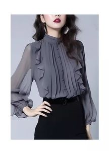 Haut de gamme col montant chemise femmes printemps et automne nouveau sens de la mode à volants à manches longues petit haut de chemise - Product Image 5