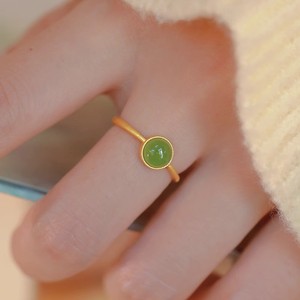 Hetian Jade Gold Plated Ring Round Bezel Setting Women's Fashion Jewelry Gift Index Finger Ring - Product Image 1