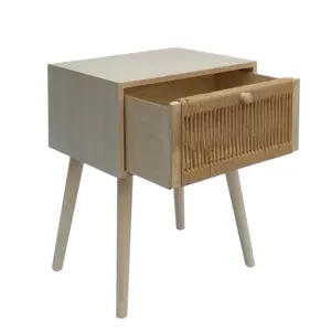 Mid Century Nightstand With Hemp Rope Drawer Wood End Table Wooden Bedside Table Night Stand For Bedroom
