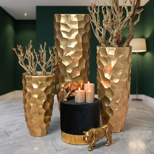 Modern Textured Gold Metal Floor Vase <b>Tall</b> Honeycomb Faceted Flower <b>Pot</b> Container Luxury Accent Vase for Corner Decoration - Product Image 3