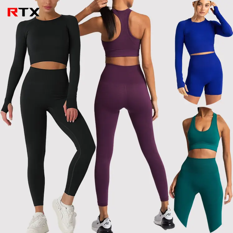 4 Piece Sports Bras Gym Pants Women Seamless Shorts Long Sleeves Womens Sweat Suit Set Yoga Clothes