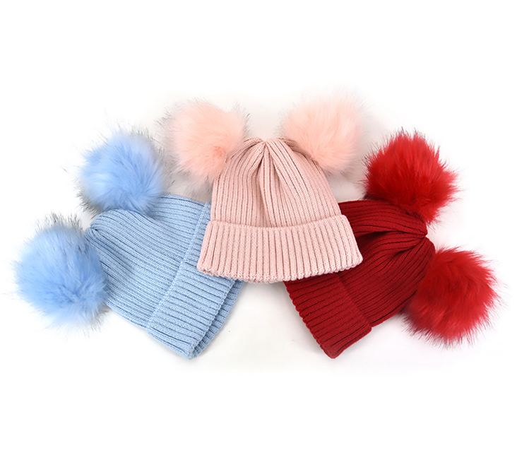 high quality winter warm crochet kids winter hats two pom poms faux fur beanie baby hat