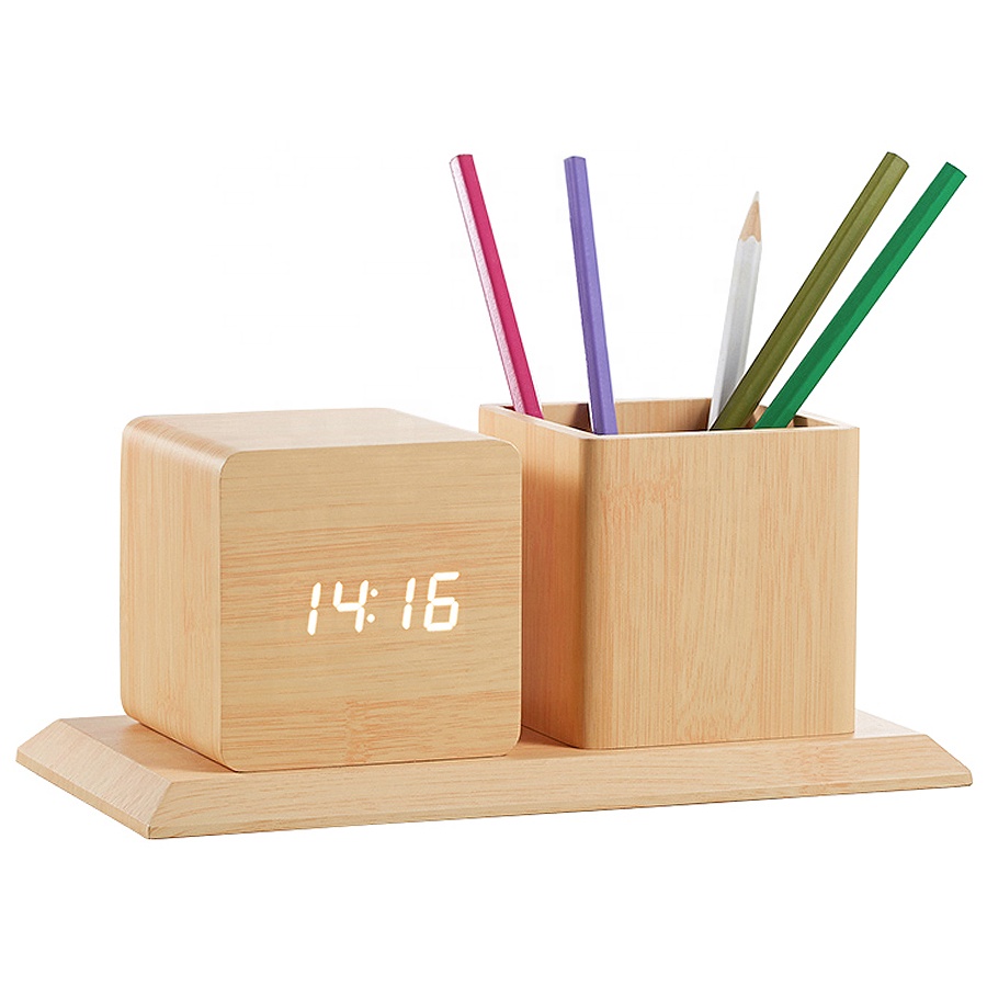 KH-WC009 Multifungsi LED Digital Alarm Desktop Kayu Kalender Jam Pemegang Pen