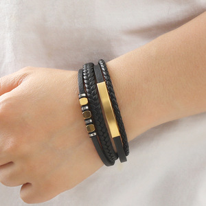 Pulsera de Cuero Genuino Multicapa con Espaciador de Acero Inoxidable Personalizado <span class=keywords><strong>para</strong></span> <span class=keywords><strong>Hombre</strong></span>, Botón Magnético, Joyería Vintage con Trenzado Masculino - Product Image 2