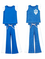 Ensemble 2 pièces pour filles : Haut à pois à manches volantées et pantalon large, tenue décontractée pour enfants aux couleurs de l'équipe pour le jour du match