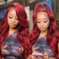 Perruques Lace Front 99J Bourgogne Cheveux Humains Ondulés Densité 180 HD Transparentes pour Femmes Noires
