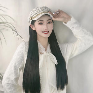 Parrucca Sintetica alla Moda <span class=keywords><strong>2026</strong></span>, Stile Piccolo e Raffinato, Parrucca con Cappello Integrato, Capelli Lunghi Lisci Neri, Densità 100%, Resistente al Calore - Product Image 1