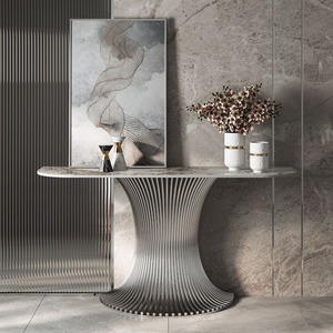 AOMISI <span class=keywords><strong>CASA</strong></span> Table <span class=keywords><strong>console</strong></span> de mode Table d'entrée en acier inoxydable durable Base en or argent Table d'entrée durable en pierre frittée Table de porche supérieure - Product Image 2
