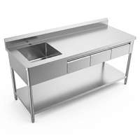 Meja Kerja Dapur Stainless Steel Komersial Ukuran Kustom dengan Wastafel, Laci, Backsplash, Rak Bawah, dan Rak Atas (Freestanding)
