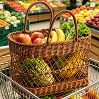 Moderne ecovriendelijke katoenen touwen mand met opengewerkt geweven dessin en handvat voor boodschappen, opbergen, picknick, kamperen en buitengebruik.