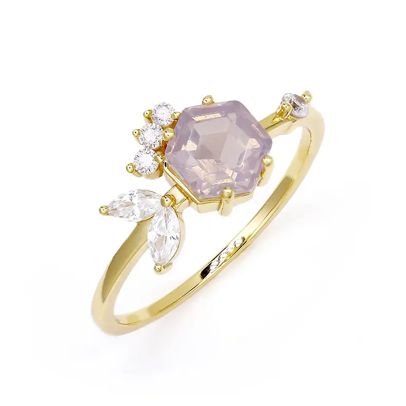 Eenvoudige 925 Zilver Vergulde Zeshoek Edelsteen Lavendel Kristal Bruiloft Dunne Ring Voor Vrouwen