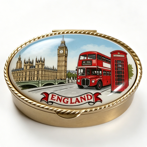 Caja de Recuerdos de Inglaterra con Diseño de Big Ben, Autobús Rojo y Cabina Telefónica, Tapa Redonda Pintada de Latón Chapado en Oro - Product Image 2