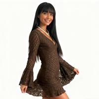 Oferta 2026: Vestido Mini Ecológico de Manga Larga con Escote en V Profundo y Encaje, Estilo Sexy y Moderno para Mujer, Primavera/Verano