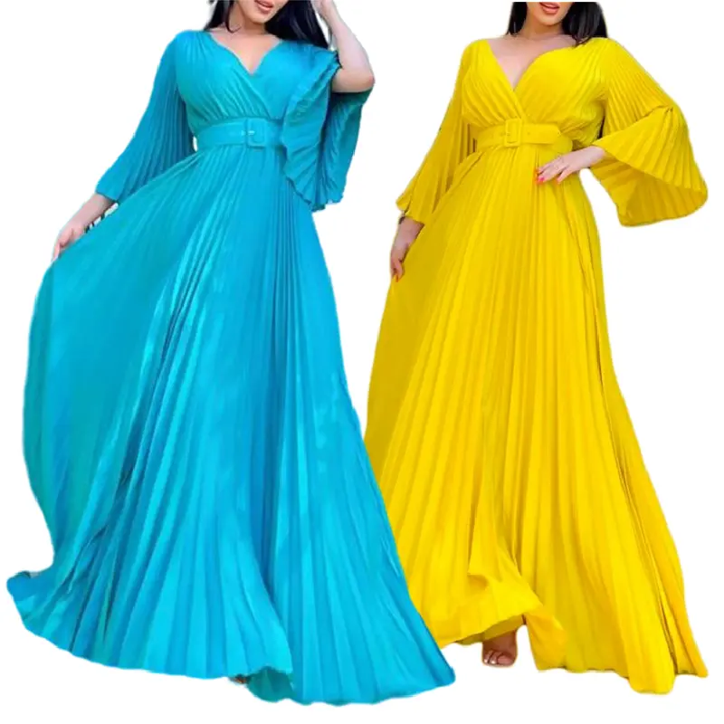 C8478 Latest Design V-neck Three Quarter Sleeve Pleated Dress Woman Clothing Maxi Dress Ladies Gowns For Women Evening Dresses