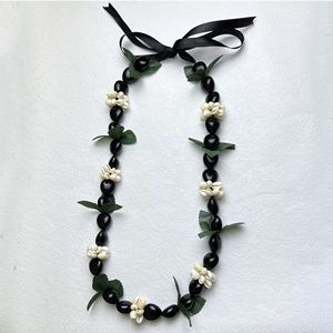 Hawaiian Black Kukui <strong>Nut</strong> Leis Flower <strong>Necklace</strong> Ribbon Bow Adjustable Acrylic Heart Shell Beads for Graduation Party Accessories - Product Image 5