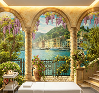 Papier peint mural Paysage Côtier Italien avec Arche en Pierre et Glycine pour Décoration Murale de Salon, Hôtel, Café