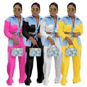 Conjunto de Pantalones Largos Casuales y Camisa de Manga Larga a Rayas con Bloques de Color, Estilo Nuevo para Mujer, JAC22 TZ7368 - Product Image 1
