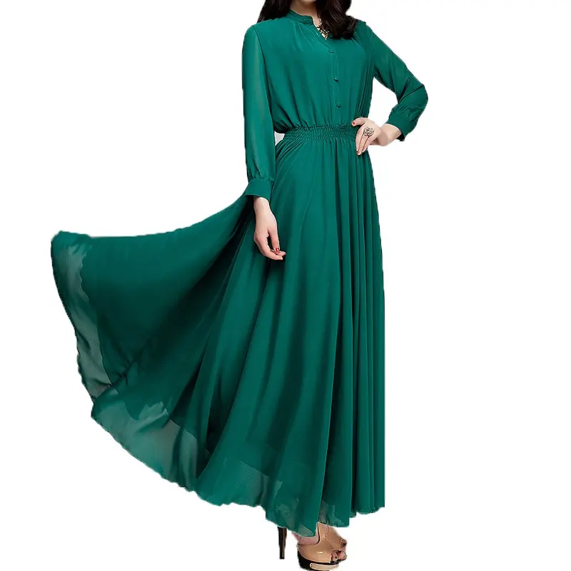 OEM fashion women emerald green evening dress V neck long Abaya maxi dresses long sleeve turkish evening dresses