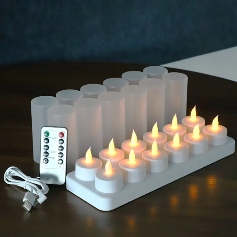 12pcs Controle Remoto Flickering Flameless Recarregável Led Chá Luz Velas Tealight Com Base De Carregamento