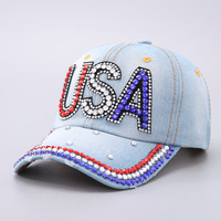 Gorra de Béisbol de Mezclilla con Pedrería de la Bandera de EE. UU. al por Mayor, Sombrero Patriótico Brillante, Accesorio de Moda para el 4 de Julio