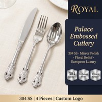 Ensemble de couverts en acier inoxydable 304, style royal vintage, gravé, pour mariage, vente en gros