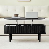 Table basse ovale moderne noire mate avec plateau relevable, rangement dissimulé, en bois cannelé, gain de place, hauteur réglable, mobilier de salon