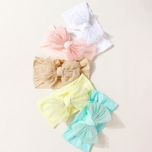 5 pièces nouveau bandeau européen américain doux élastique en Nylon <span class=keywords><strong>maille</strong></span> arc avec dentelle <span class=keywords><strong>Turban</strong></span> Style cheveux accessoires pour bébé filles enfants - Product Image 1