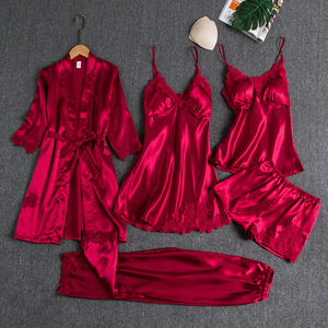 Vêtements <span class=keywords><strong>de</strong></span> maison pour femmes, printemps, uni, soie glacée, sexy, respirant, ensemble <span class=keywords><strong>de</strong></span> cinq pièces, <span class=keywords><strong>peignoir</strong></span>, <span class=keywords><strong>grande</strong></span> <span class=keywords><strong>taille</strong></span> - Product Image 1
