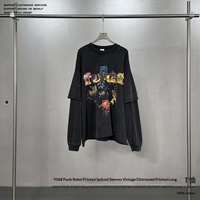 T-shirt Homme Manches Longues Vintage Automne Hiver Effet Délavé Imprimé Punk Patchwork Panneaux Contrastants Style Rock Marque Privée