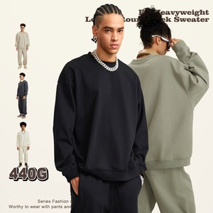 Ropa de calle Unisex de gran tamaño Lisa personalizada en blanco 440G Color sólido peso pesado Terry sudadera suelta con cuello redondo - Product Image 3