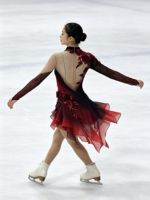 Robe de patinage artistique à col dégradé rouge vin et noir, manches longues, maille florale 3D, dos ouvert, pour compétition et spectacle
