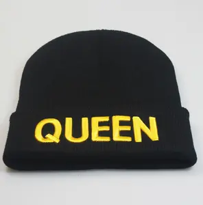 Hadiah pasangan musim gugur musim dingin musim semi hitam putih emas raja Ratu 3D bordir akrilik rajutan tengkorak topi Beanie topi untuk pria wanita