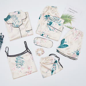 Pyjama pour femmes, <span class=keywords><strong>ensemble</strong></span> de sept pièces en soie, à porter en toutes saisons, printemps-été, manches longues, shorts, vêtements de maison - Product Image 4