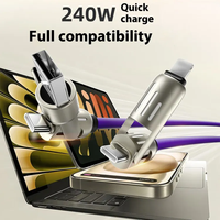 Câble USB 4-en-1 en silicone ultra-doux Type-C 240W 5A à charge rapide avec LED RGB pour ordinateurs portables, tablettes, appareils Android et iOS